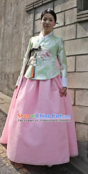 Korean Traditional Bride Hanbok Formal Occasions Green Blouse and Pink Dress Ancient Fashion Apparel Costumes for Women