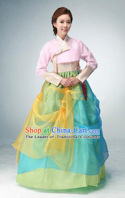 Korean Traditional Bride Tang Garment Hanbok Formal Occasions Pink Blouse and Blue Dress Ancient Costumes for Women