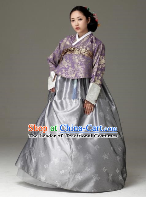 Korean Traditional Bride Tang Garment Hanbok Formal Occasions Purple Blouse and Grey Dress Ancient Costumes for Women