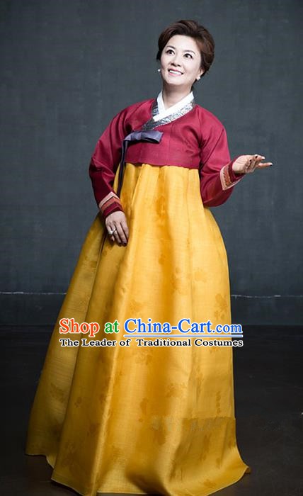 Korean Traditional Tang Garment Hanbok Formal Occasions Wine Red Blouse and Yellow Dress Ancient Costumes for Women