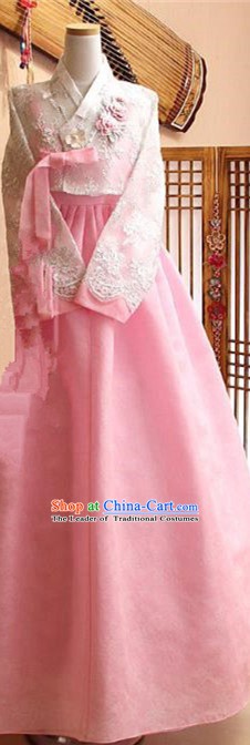 Korean Traditional Tang Garment Hanbok Formal Occasions White Lace Blouse and Pink Dress Ancient Costumes for Women