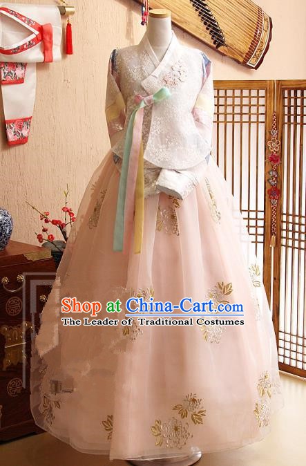 Korean Traditional Tang Garment Hanbok Formal Occasions White Lace Blouse and Pink Dress Ancient Costumes for Women