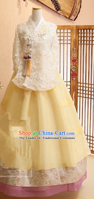 Korean Traditional Bride Tang Garment Hanbok Formal Occasions White Lace Blouse and Yellow Dress Ancient Costumes for Women