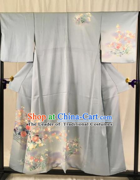 Japan Ancient Grey Furisode Kimonos Traditional Palace Yukata Dress Formal Costume for Women