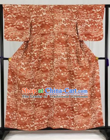 Asian Japan Palace Printing Orange Furisode Kimono Ancient Yukata Dress Formal Costume for Women