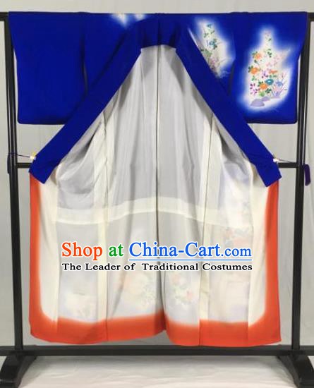 Japan Traditional Kimono Blue Furisode Kimono Ancient Yukata Dress Formal Costume for Women