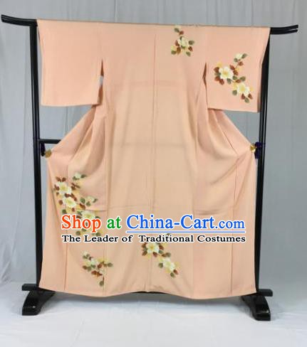 Japan Traditional Formal Costume Printing Flowers Pink Furisode Kimonos Ancient Palace Yukata Dress for Women