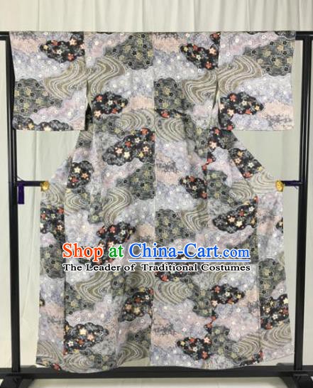 Japan Traditional Formal Costume Grey Furisode Kimonos Ancient Palace Yukata Dress for Women