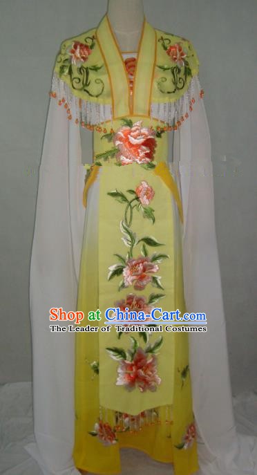 Traditional China Beijing Opera Embroidered Peony Yellow Dress Chinese Peking Opera Diva Costume