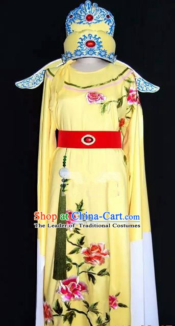 Top Grade Chinese Beijing Opera Embroidered Yellow Robe Peking Opera Niche Costume and Hat for Adults