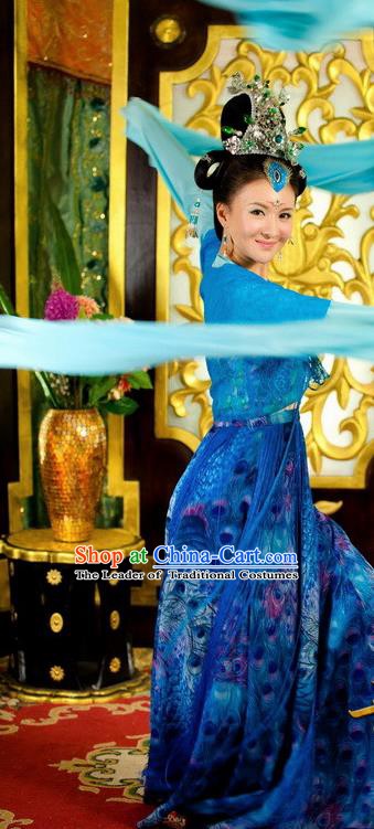 Chinese Ancient Tang Dynasty Palace Dance Blue Dress Courtesan Historical Costume for Women