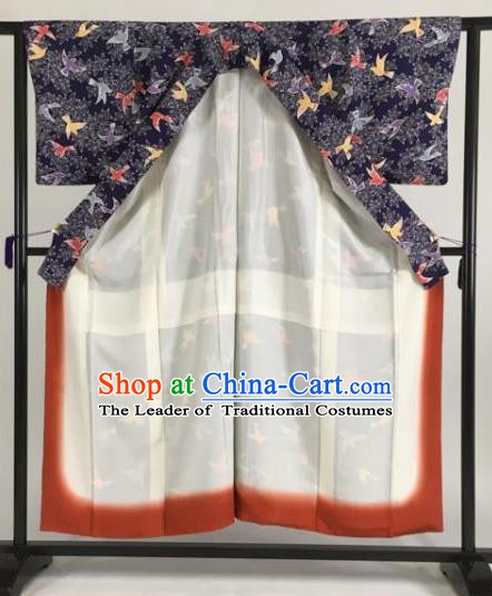 Japan Traditional Kimono Furisode Kimono Ancient Navy Yukata Dress Formal Costume for Women