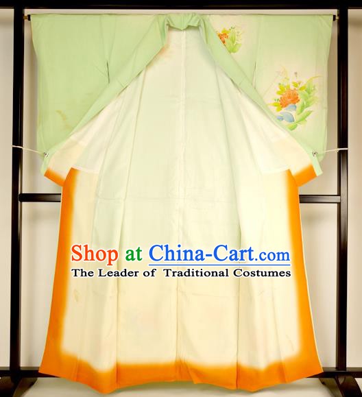 Ancient Japanese Green Furisode Kimonos Traditional Female Yukata Dress Formal Costume for Women