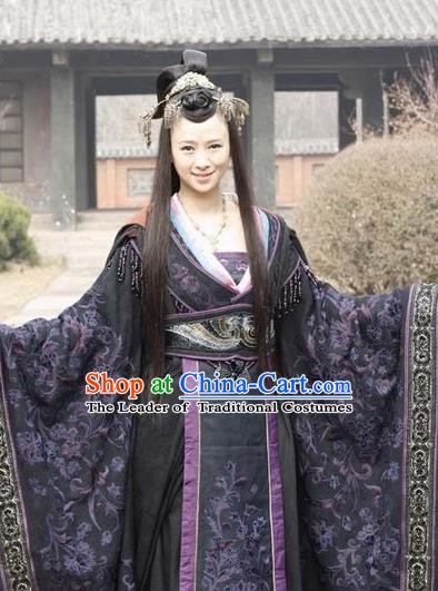 Chinese Ancient Warring States Period Imperial Concubine Hanfu Embroidered Costume and Headpiece Complete Set