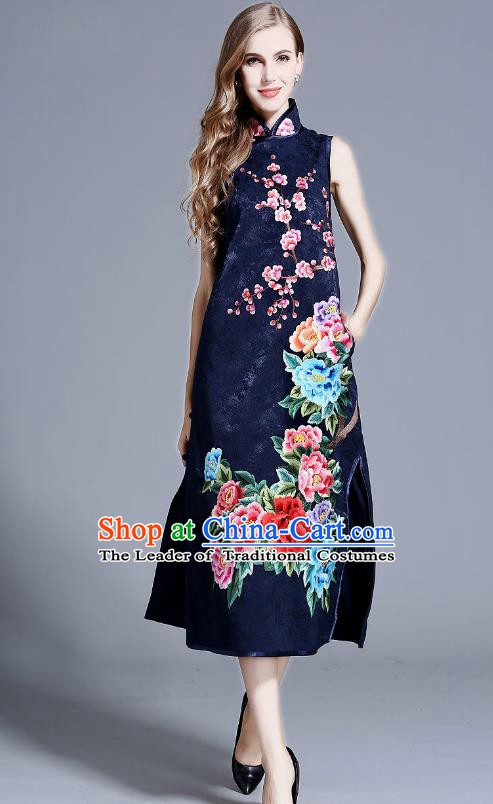 Chinese National Costume Navy Cheongsam Embroidered Peony Qipao Dress for Women