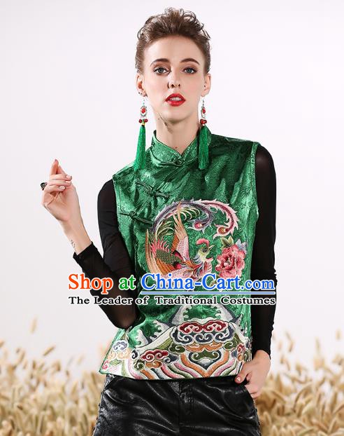 Chinese National Costume Traditional Embroidered Phoenix Peony Green Vests Waistcoat for Women