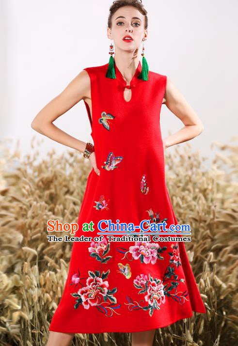 Chinese National Costume Embroidered Peony Butterfly Red Qipao Dress Cheongsam for Women