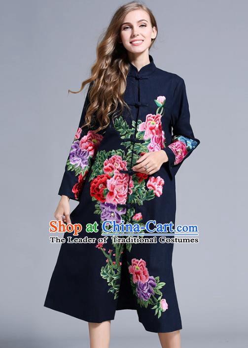 Chinese National Costume Navy Plated Buttons Coats Traditional Embroidered Peony Dust Coats for Women