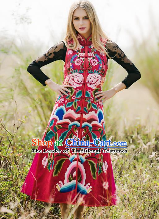 Chinese National Costume Traditional Embroidered Peony Red Vest Coat for Women