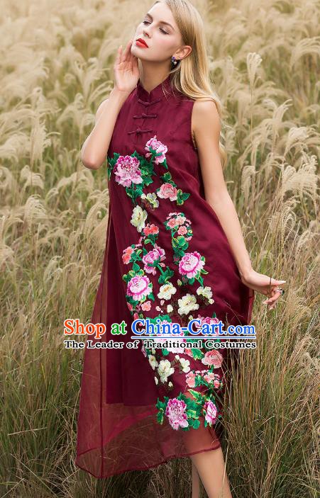 Chinese National Costume Stand Collar Wine Red Cheongsam Embroidered Peony Sleeveless Qipao Dress for Women