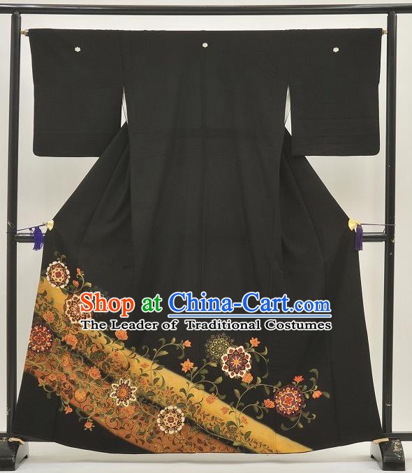 Japanese Samurai Garment Kimono Printing Black Yukata Robe Traditional Wafuku Hakama Costume for Men