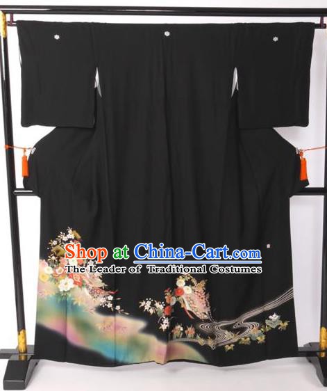 Japanese Samurai Garment Printing Kimono Palace Black Yukata Robe Traditional Wafuku Hakama Costume for Men