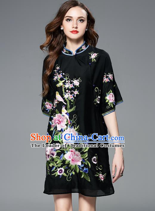 Chinese National Costume Embroidered Peony Cheongsam Black Qipao Dress for Women