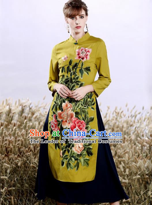 Chinese National Costume Embroidered Peony Cheongsam Green Qipao Dress for Women