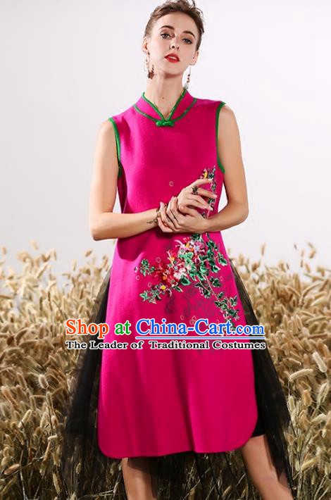 Chinese National Costume Embroidered Stand Collar Cheongsam Vintage Rosy Qipao Dress for Women