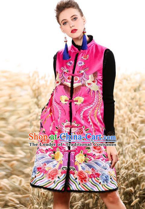 Chinese National Costume Traditional Embroidered Peony Pink Vests Waistcoat for Women