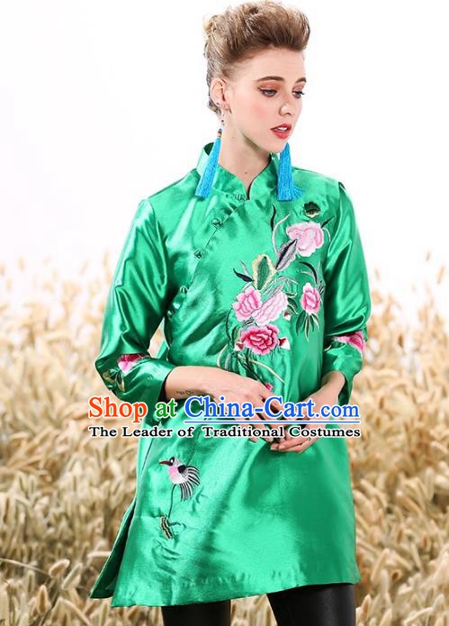 Chinese National Costume Tang Suit Green Shirts Traditional Embroidered Peony Blouse for Women