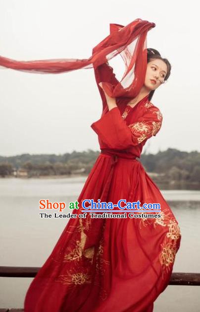 Chinese Ancient Tang Dynasty Princess Embroidered Costume Hanfu Dress for Women