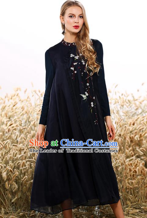 Chinese National Costume Tang Suit Qipao Dress Traditional Embroidered Black Cheongsam for Women