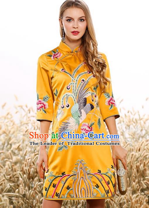 Chinese National Costume Tang Suit Yellow Qipao Dress Traditional Embroidered Phoenix Cheongsam for Women