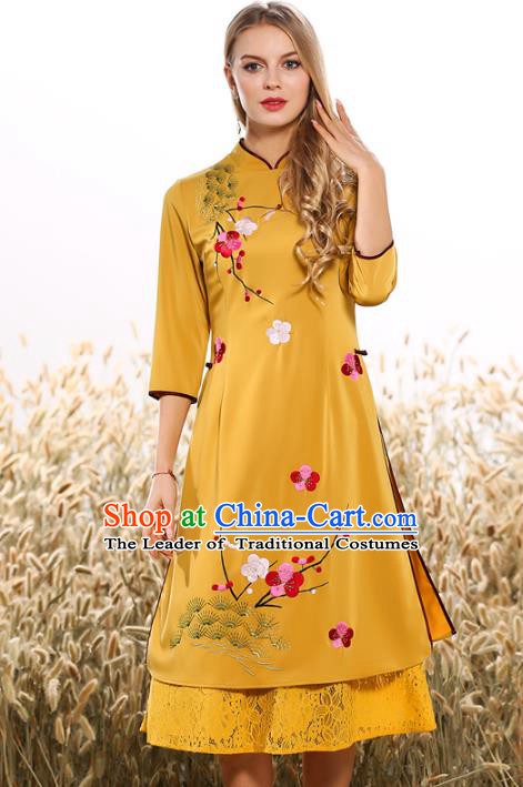 Chinese National Costume Tang Suit Yellow Qipao Dress Traditional Embroidered Peach Blossom Cheongsam for Women