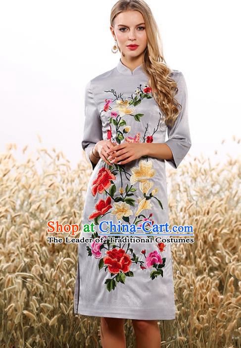 Chinese National Costume Tang Suit Grey Qipao Dress Traditional Embroidered Flowers Cheongsam for Women