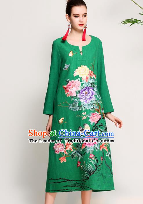 Chinese National Costume Tang Suit Green Qipao Dress Traditional Embroidered Peony Flowers Cheongsam for Women