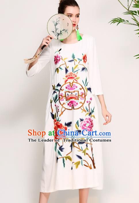 Chinese National Costume Tang Suit Qipao Dress Traditional Embroidered Peony White Cheongsam for Women