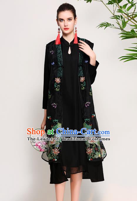 Chinese National Costume Tang Suit Black Dust Coats Traditional Embroidered Coat for Women