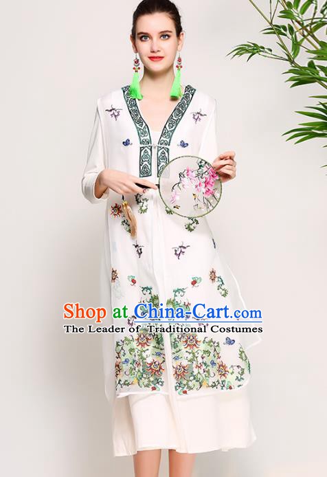 Chinese National Costume Tang Suit White Dust Coats Traditional Embroidered Coat for Women