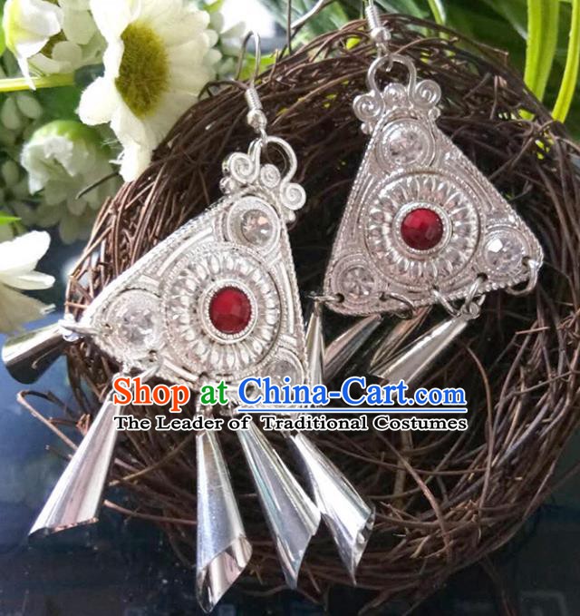 Traditional Chinese Miao Nationality Earrings Hmong Female Accessories Sliver Tassel Eardrop for Women
