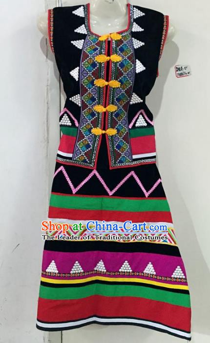 Traditional Chinese Wa Nationality Dance Costume, Female Folk Dance Ethnic Minority Embroidery Clothing for Women