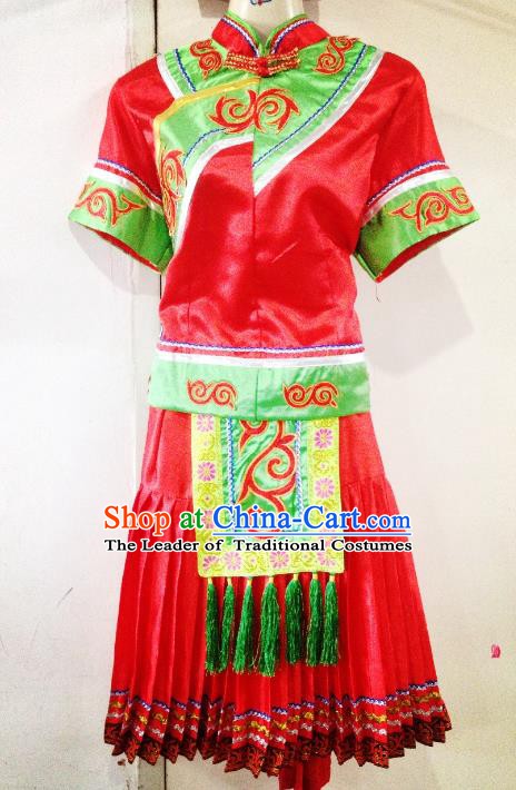 Traditional Chinese Bai Nationality Minority Dance Red Dress, Female Folk Dance Yi Ethnic Clothing for Women