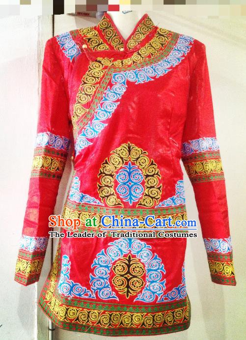 Traditional Chinese Yi Nationality Dance Costume Folk Dance Ethnic Red Blouse for Women