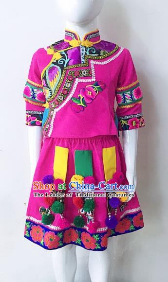 Traditional Chinese Yi Nationality Minority Embroidered Costume Folk Dance Clothing Rosy Dress for Kids