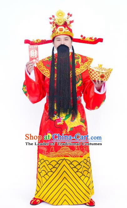 Traditional Chinese Beijing Opera God of Wealth Embroidered Costume Ancient Peking Opera Clothing and Headpiece Complete Set