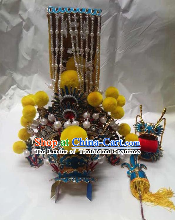 Traditional Chinese Beijing Opera Emperor Helmet Hair Accessories Peking Opera Padishah Golden Tassel Hats Headwear