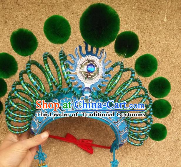 Traditional Chinese Beijing Opera Martial Female Green Phoenix Coronet Peking Opera Actress Headwear