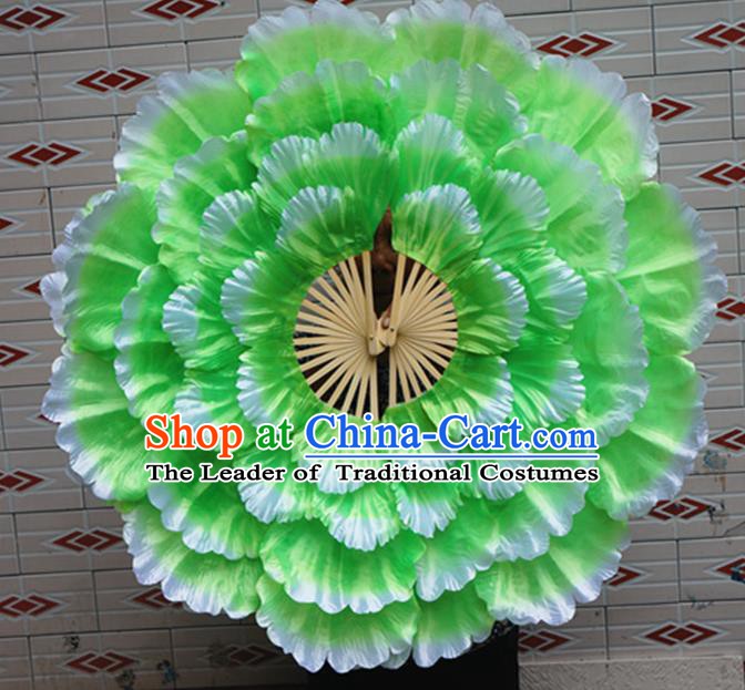 Chinese Folk Dance Props Accessories Stage Performance Green Peony Folding Fans for Kids