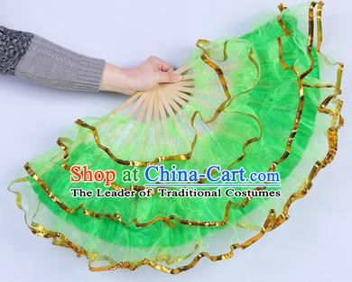 Chinese Folk Dance Props Accessories Stage Performance Yangko Green Folding Fans for Women